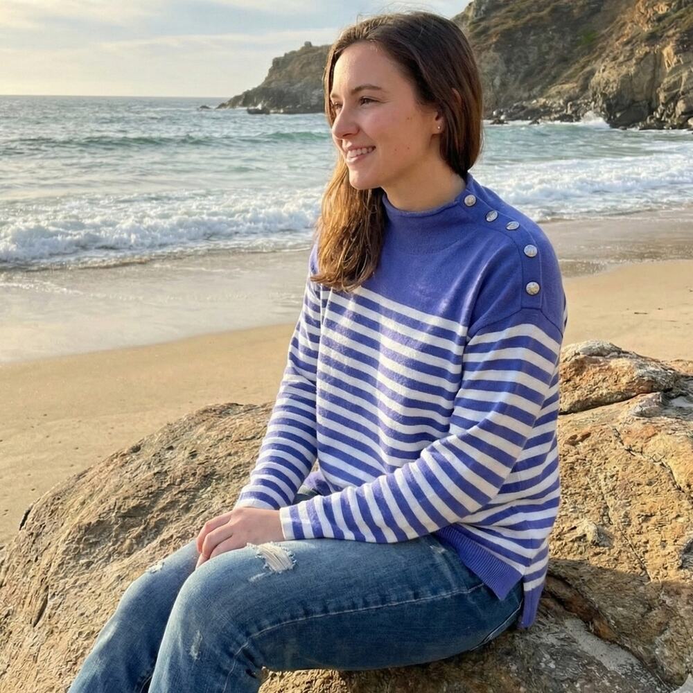 Lauren Ralph Lauren Striped Button Shoulder Sweater Mock Neck Large Blue White